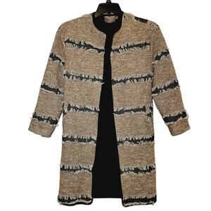 Asos boyfriend oversized tan striped burlap fringe and denim trench coat